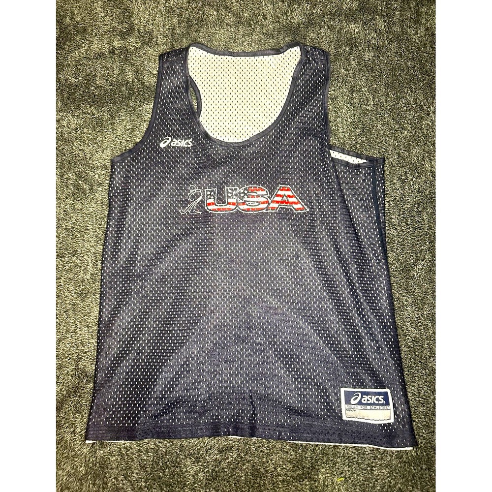 ASICS USA Running Singlet Men S/M Reversible Mesh Track Racing Tank Navy White